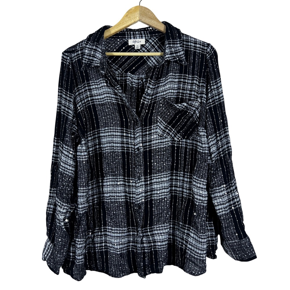Style & Co Plaid Sequin Button Down Shirt Black White Sparkle Size 2X